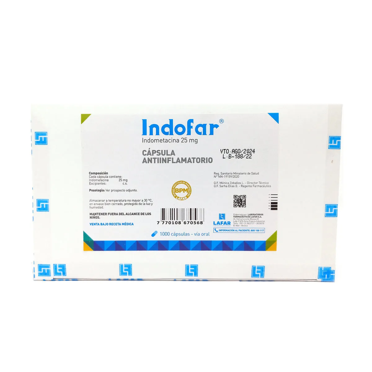 INDOFAR 25 MG CAJA X 1000 CAPSULAS - Ecofarma