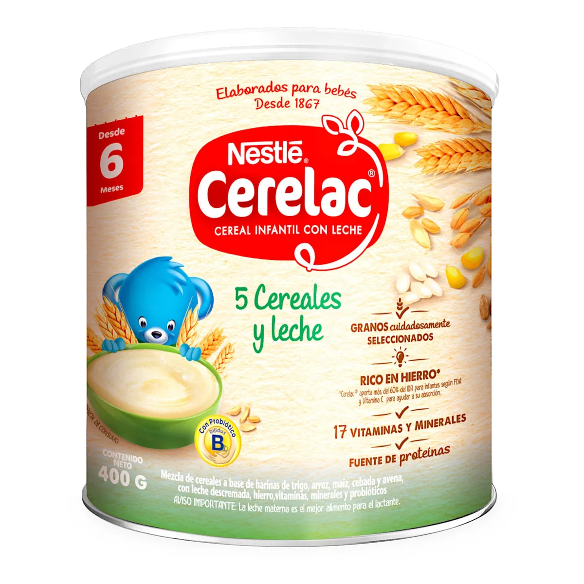 CERELAC INFANTIL 5 CEREALES CON LECHE LATA X 400 GR - Ecofarma